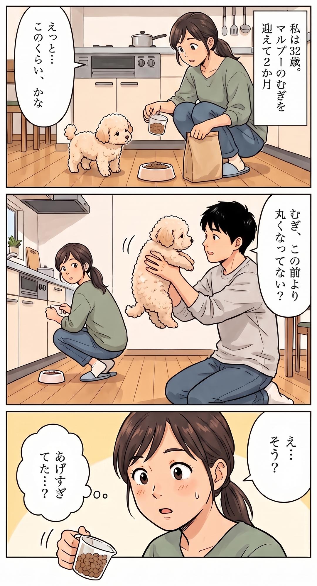 私は32歳。マルプーのむぎを迎えて2か月。 「えっと…このくらい、かな」 「むぎ、この前より丸くなってない？」 「え…そう？」 「あげすぎてた…？」