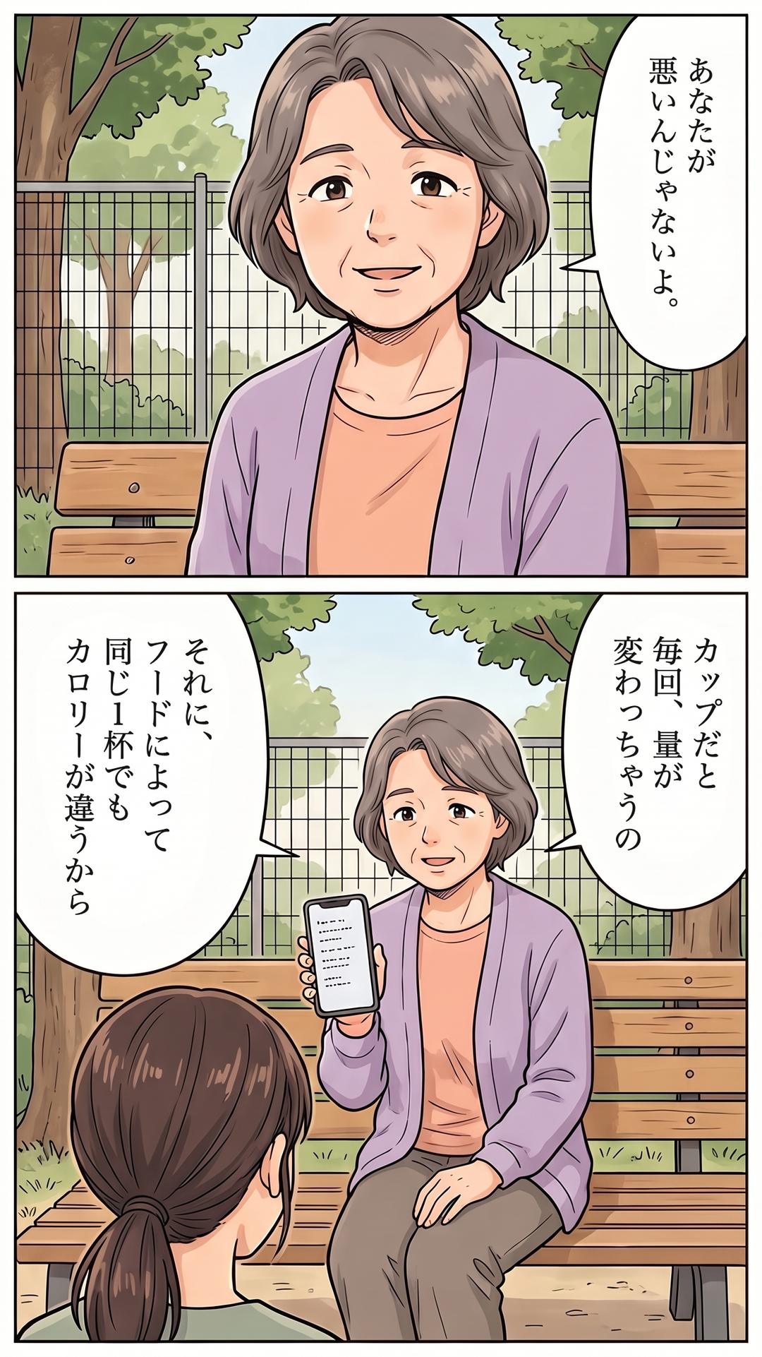 「あなたが悪いんじゃないよ。」 「カップだと毎回、量が変わっちゃうの」 「それに、フードによって同じ1杯でもカロリーが違うから」