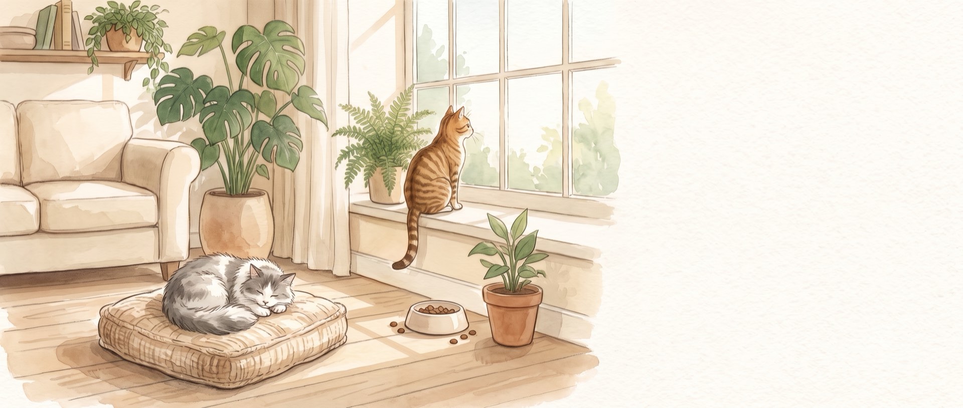窓辺でくつろぐ2匹の猫がいるリビングの水彩イラスト