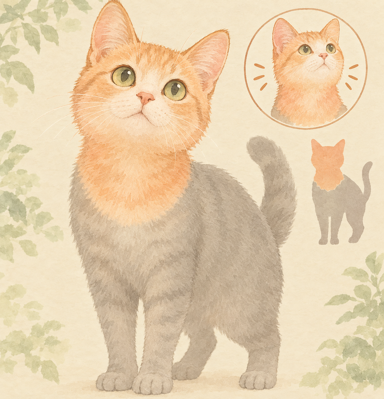 猫の頭と首まわりを示したイラスト。かゆみを伴う発疹は主にこのあたりに出やすいとされるが、いつもこの部位とは限らず、部位だけで判断はできない。