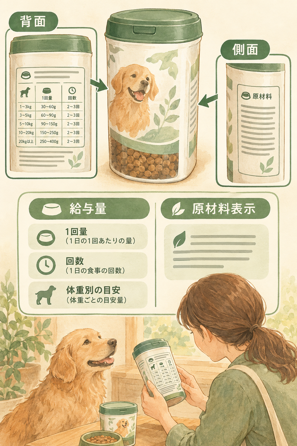 フードパッケージで確認する給与量と原材料の表示位置を示した図。実際の商品ではなく、表示の一般的な配置を示すテンプレート。