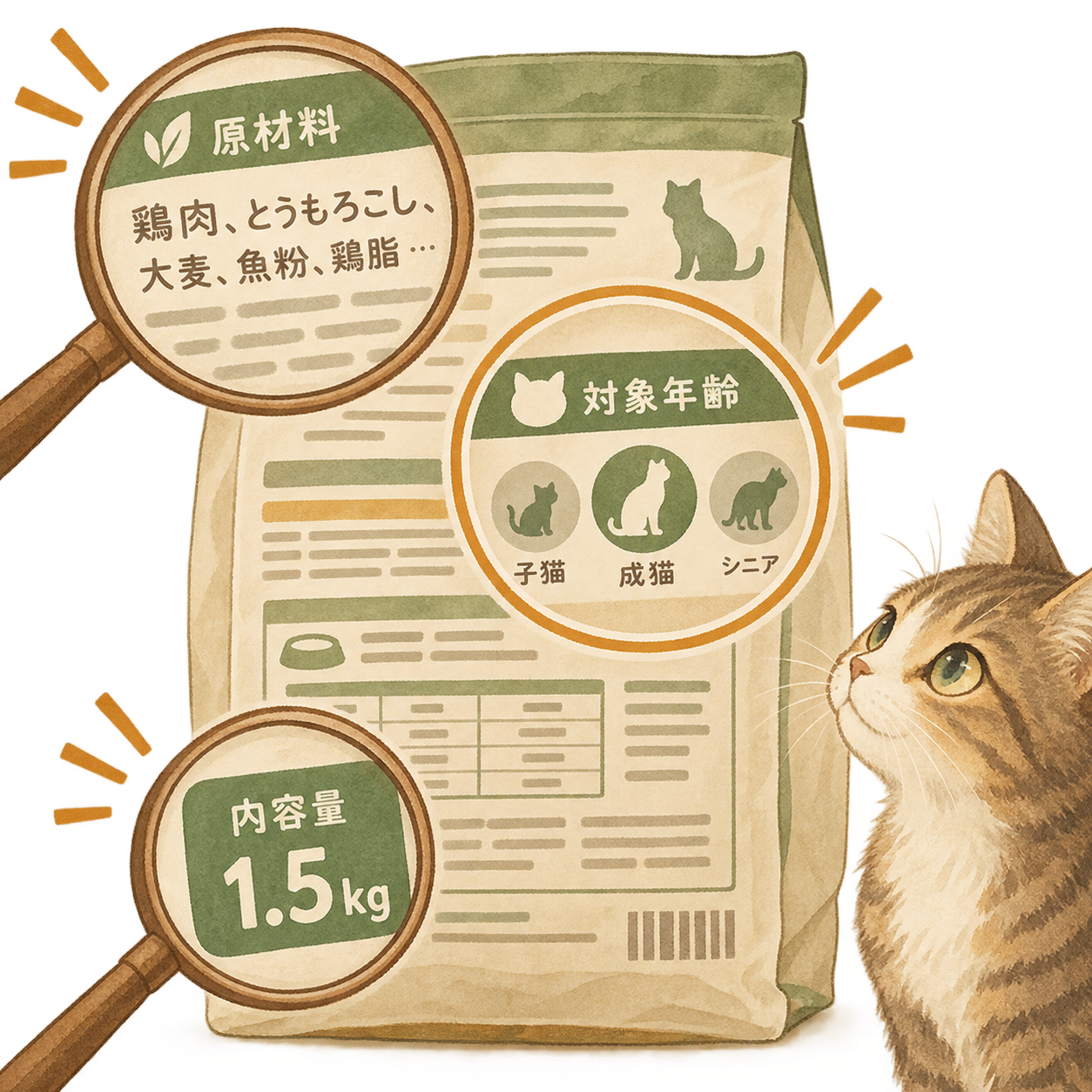 他ブランドと比べる際の3つの軸。商品の原材料名、対象ライフステージ、内容量の確認箇所を示すイメージ