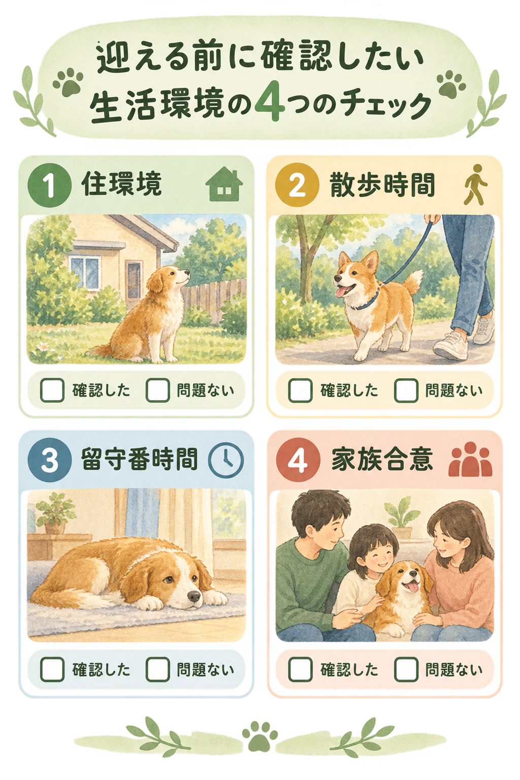 生活環境確認チェックリスト。住環境、散歩時間、留守番時間、家族合意、継続費用の5項目が、異なる背景色のボックスで示された図表。各項目の横に記入欄またはチェック欄があるイメージ。