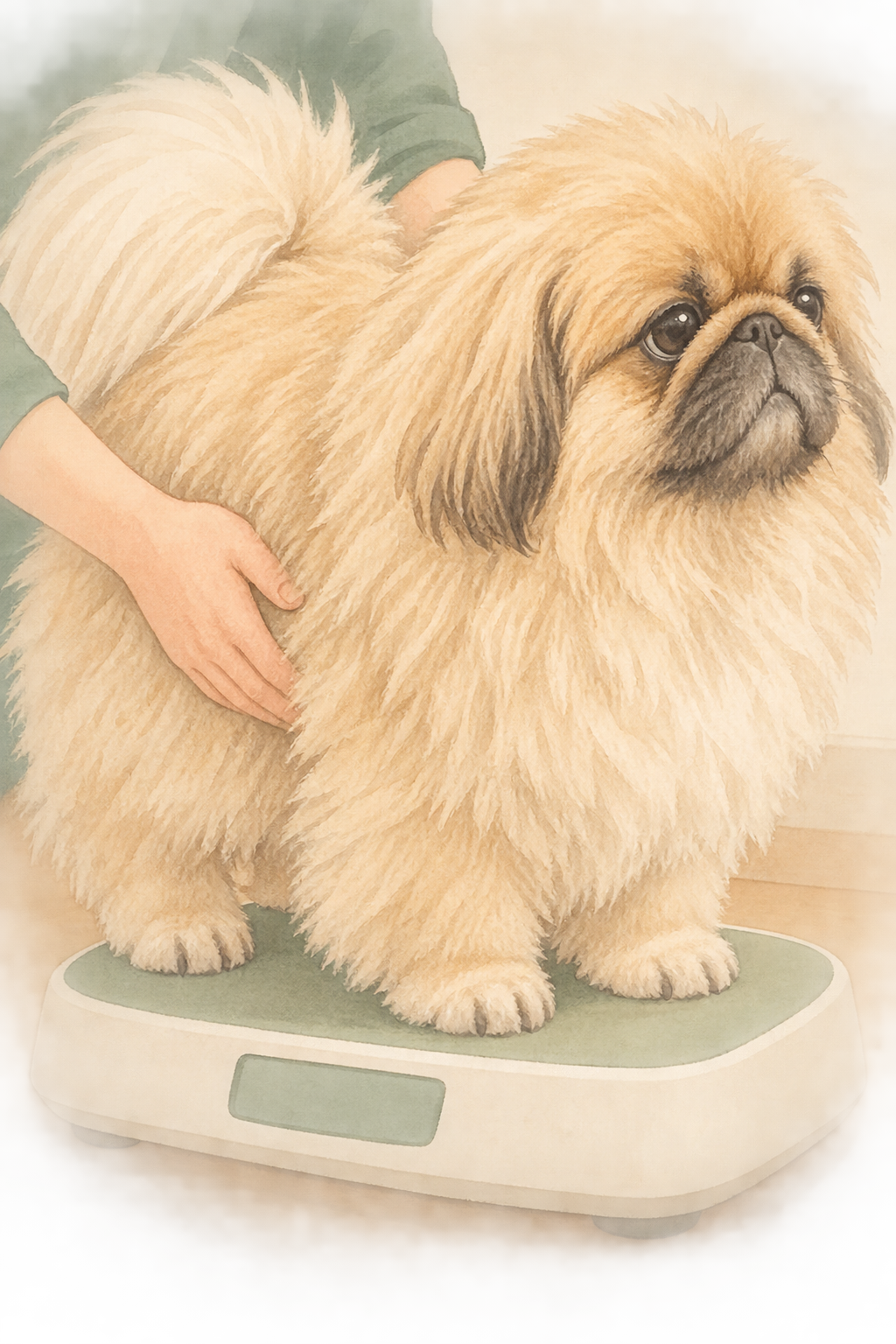 体重計の上に立つ被毛の豊かなペキニーズに、飼い主の手がそっと添えられているイラスト