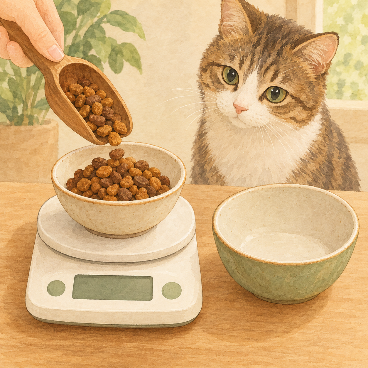 キッチンスケールの上の小皿でドライフードを計量し、与える分を食器に移す準備をしている様子。