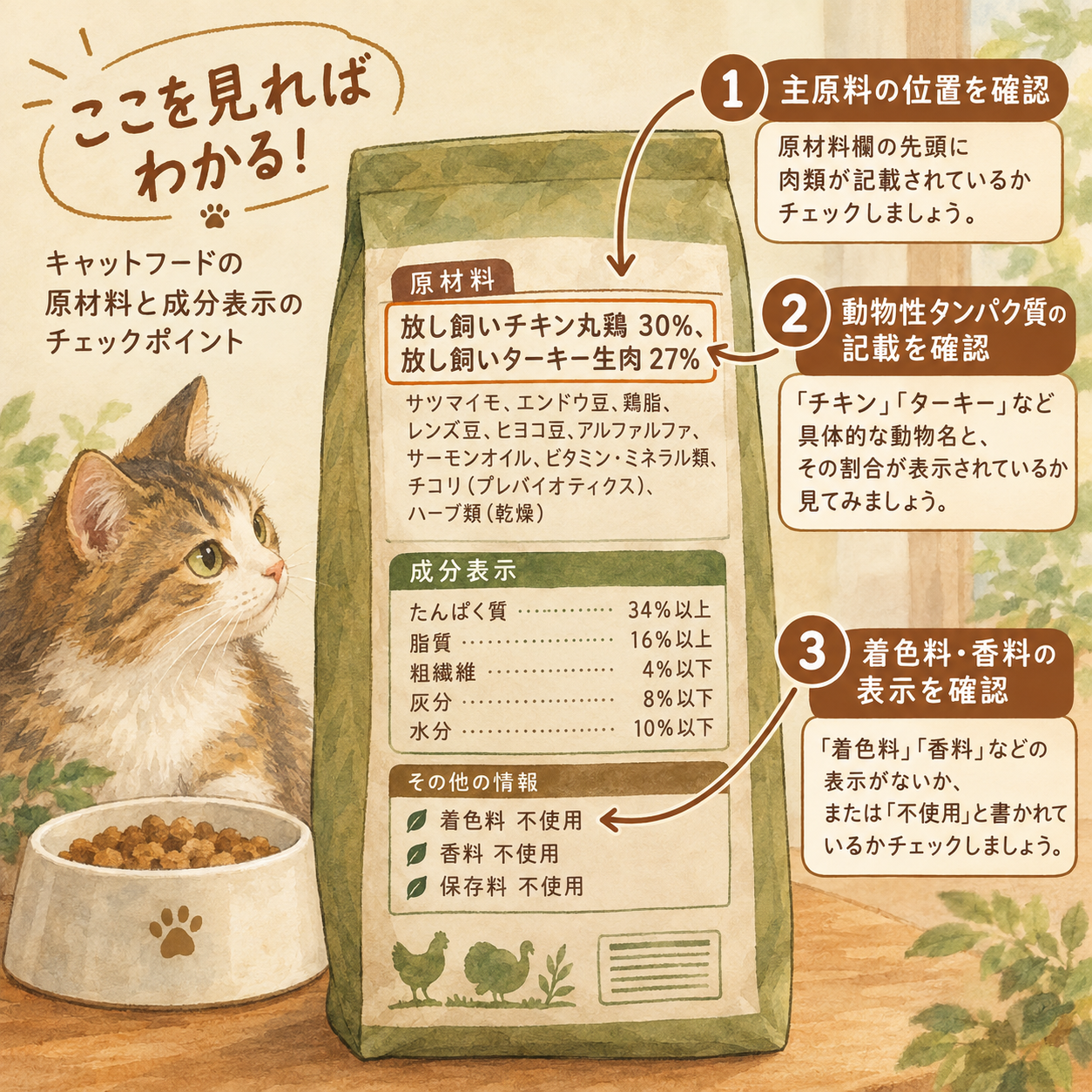 キャットフードのパッケージ背面。原材料欄の先頭に動物性タンパク質(肉類)が記載されている様子が見える