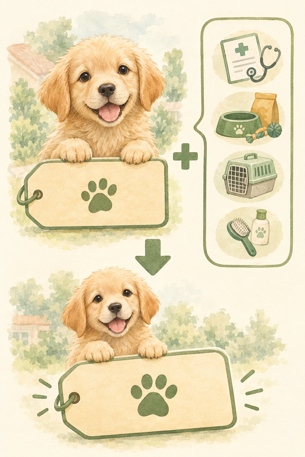 子犬の表示価格に、別枠の追加費用が加わって支払総額になるイメージ。追加費用の内容と金額は販売先への確認が必要。