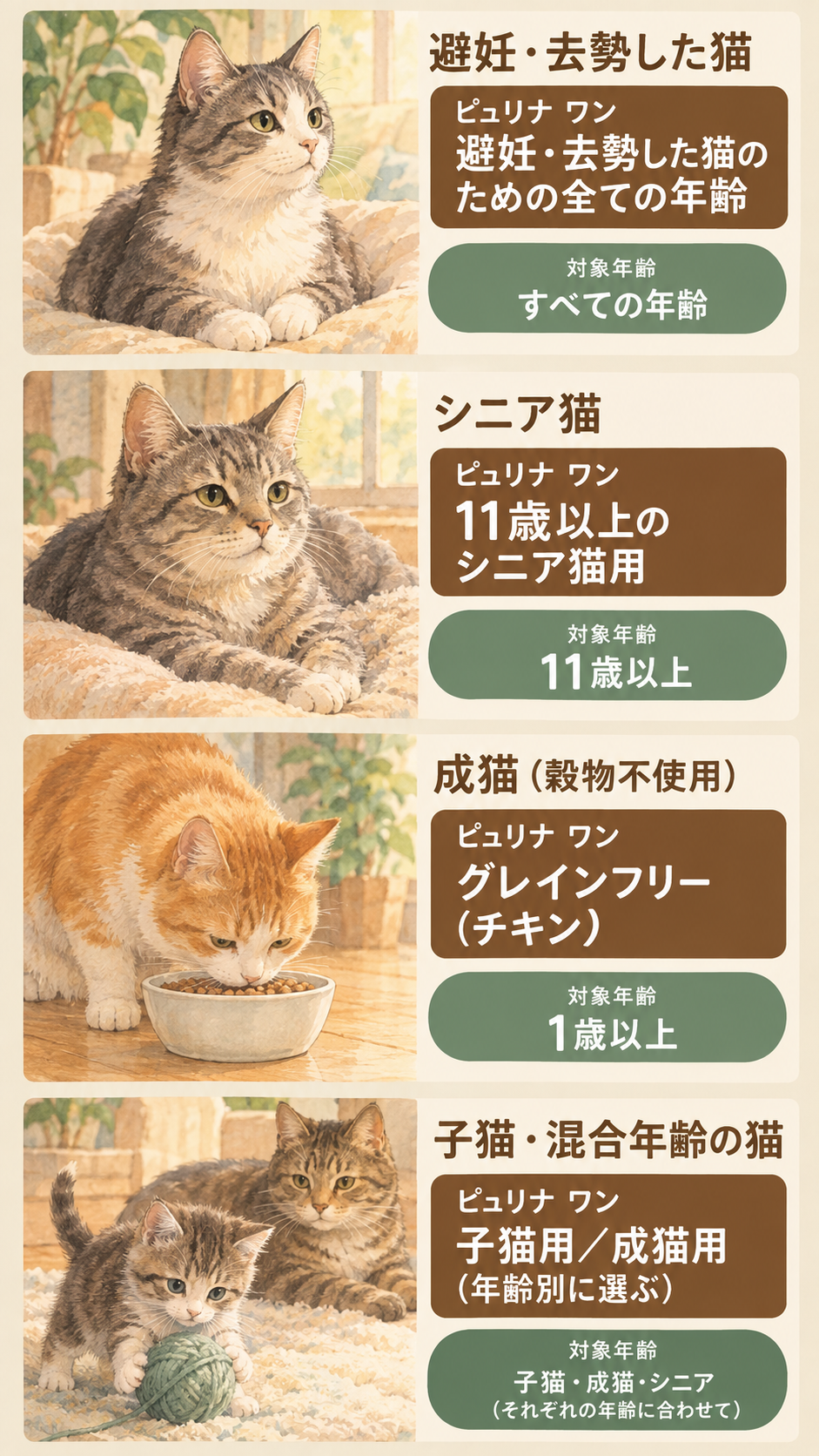 避妊・去勢猫は『体重ケア チキン』、11歳以上シニア猫は『健康マルチケア 11歳以上 チキン』、成猫(穀物不使用)は『グレインフリー 1歳以上 チキン』、子猫・混合年齢の場合は年齢別商品の選別が必要、と4つの状況に応じたピュリナワン製品の選択ガイド。