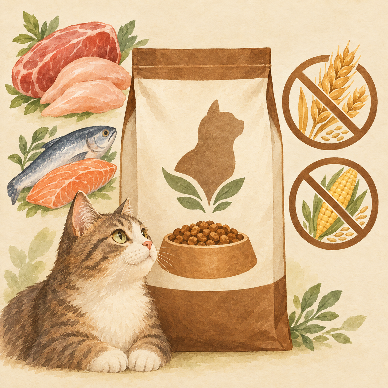 キャットフードと、原材料に穀物が使われていないことを示す図