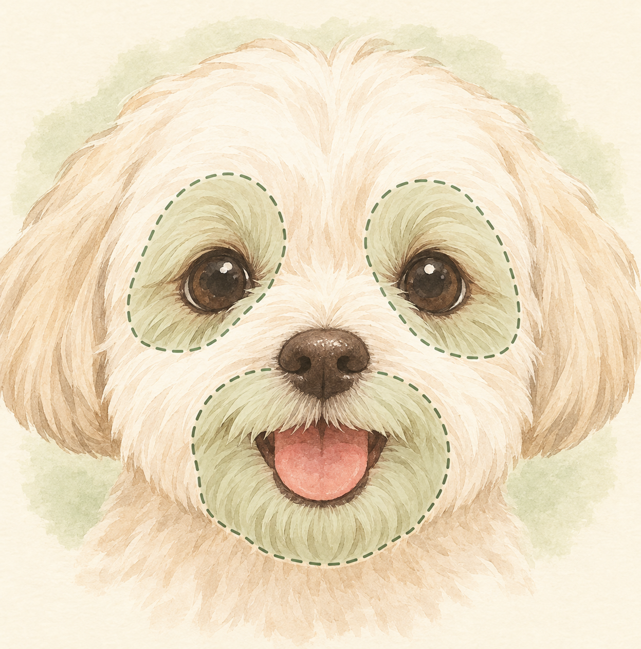 小型犬の顔を正面から示した模式図。目と口の周囲に被毛がかかる位置が分かる。