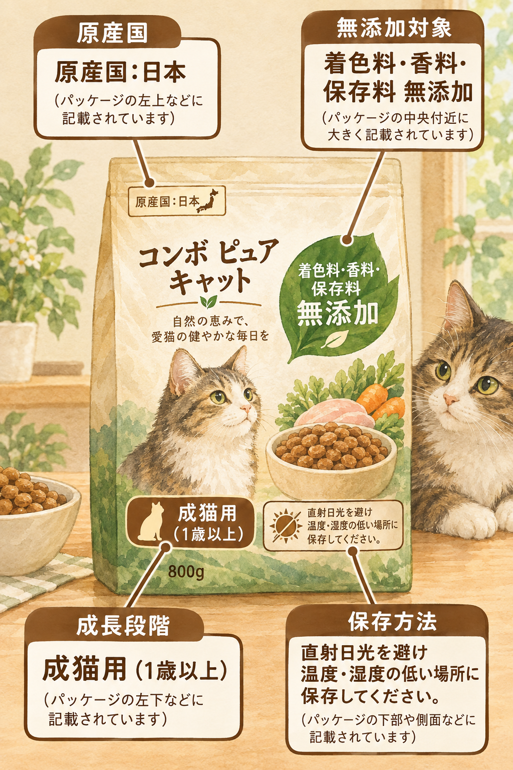 キャットフードパッケージの正面に記載された『原産国:日本』『着色料・香料・保存料無添加』『成猫用(1歳以上)』『保存方法:直射日光を避け温度・湿度の低い場所に保存』などの必要表示事項の例