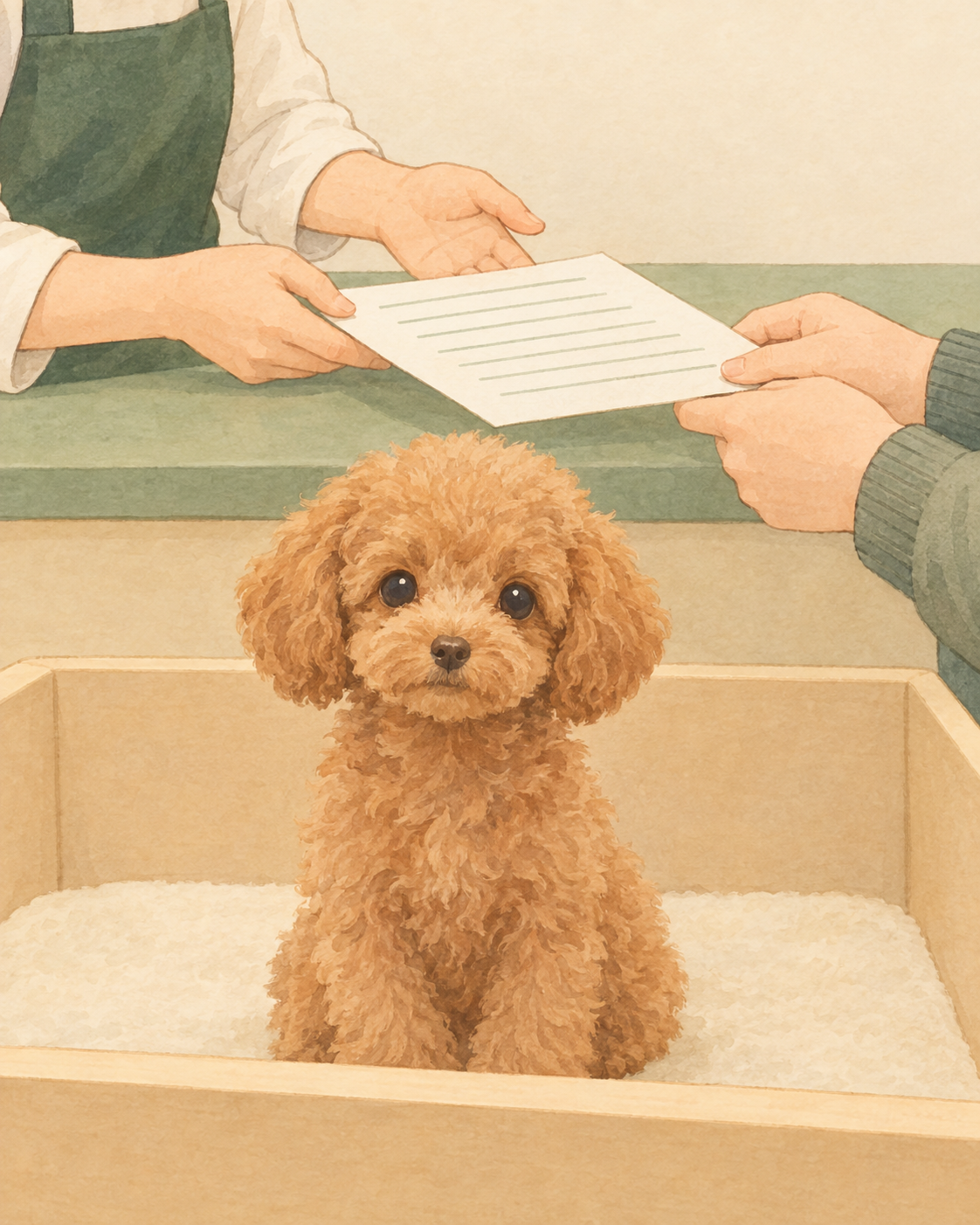カウンターの上で落ち着いて座るトイプードルの子犬と、その奥で店員と購入希望者が書類を挟んで向かい合い、対面で説明を受けている様子のイラスト