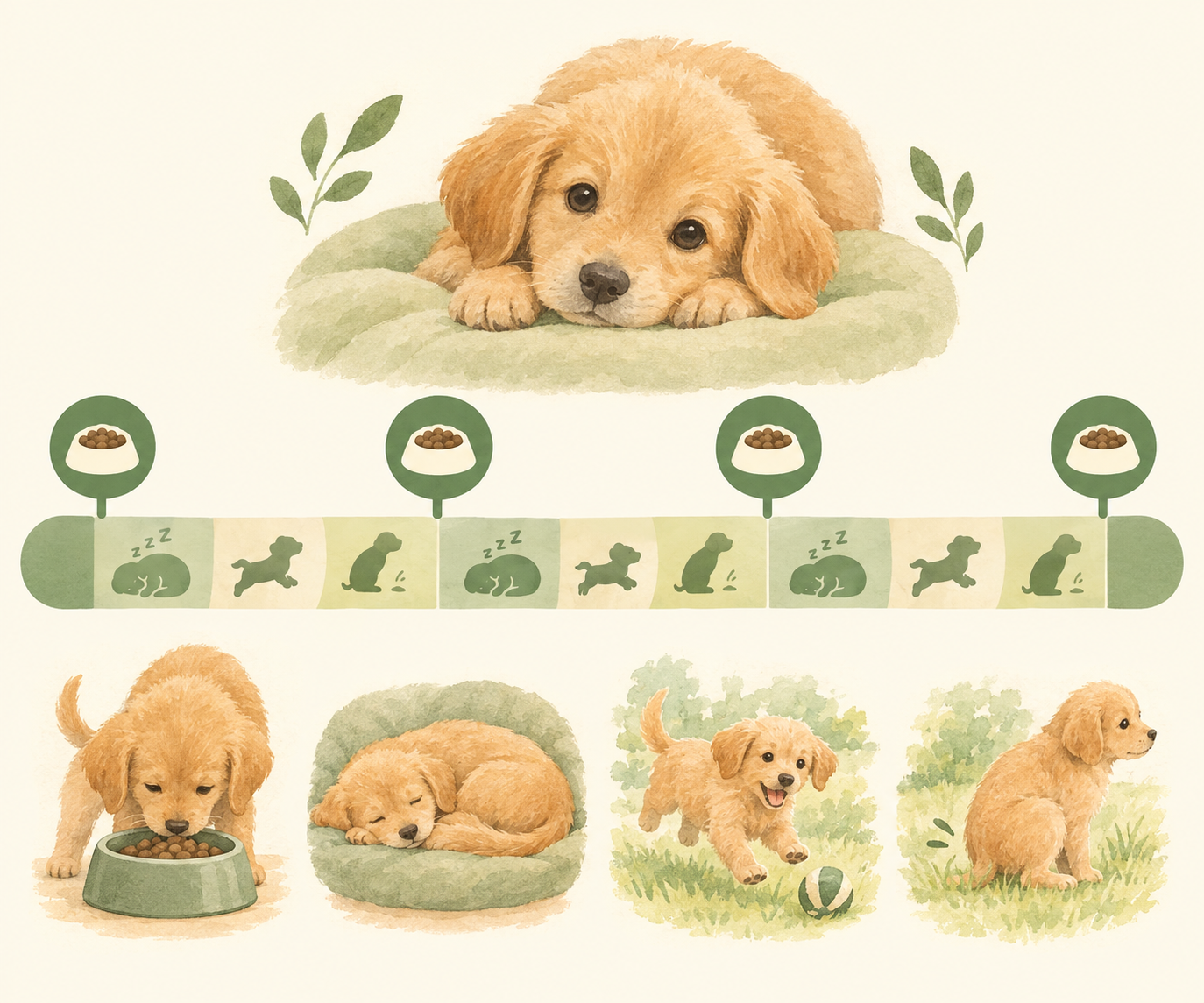 子犬の1日を4つの給食タイミングで分け、睡眠や活動などの生活リズムとの関係を示したタイムライン図