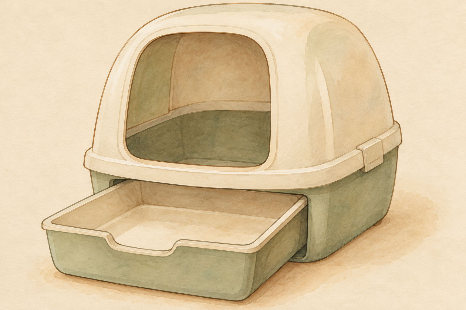 カバー付き猫トイレの下部から引き出しが手前に出ている模式図。カバーと引き出しを併せ持つ構造を示す。
