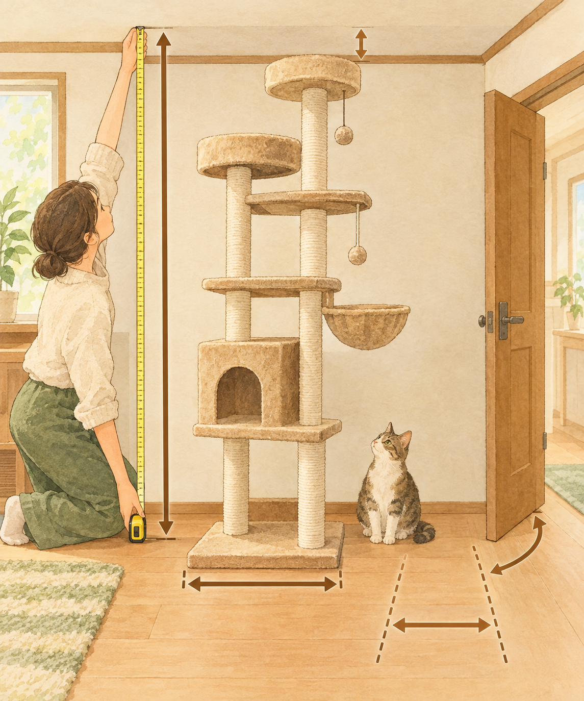 部屋でキャットタワーの高さと床の設置面積を巻尺で測り、扉や通路のスペースを空けて確認する図。