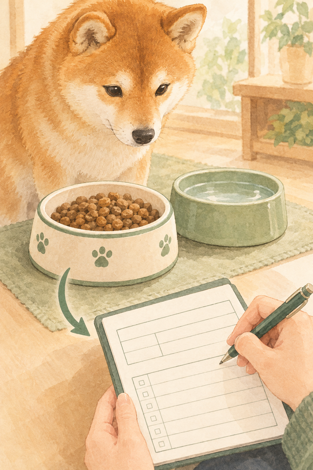 柴犬の食器とフードを前に、飼育者が現在のフードや量、回数、購入先を記録して食事を引き継ぐ準備をしている。