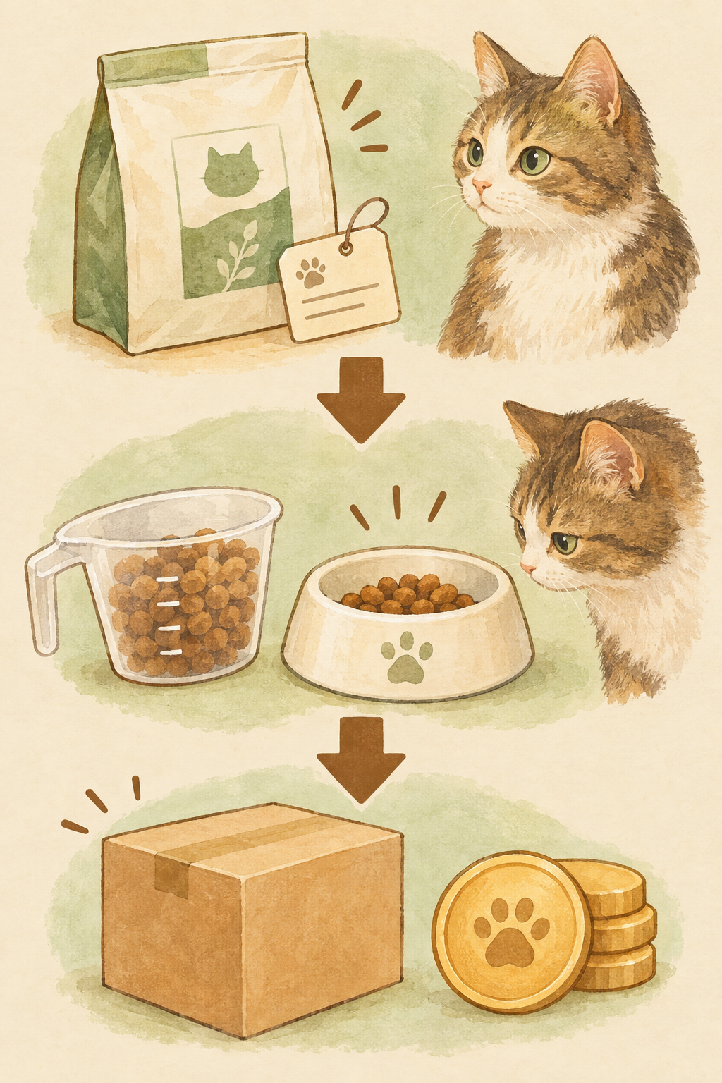 商品価格と内容量を確認し、猫に合った一日分の給餌量と送料をそろえて比較する流れ。