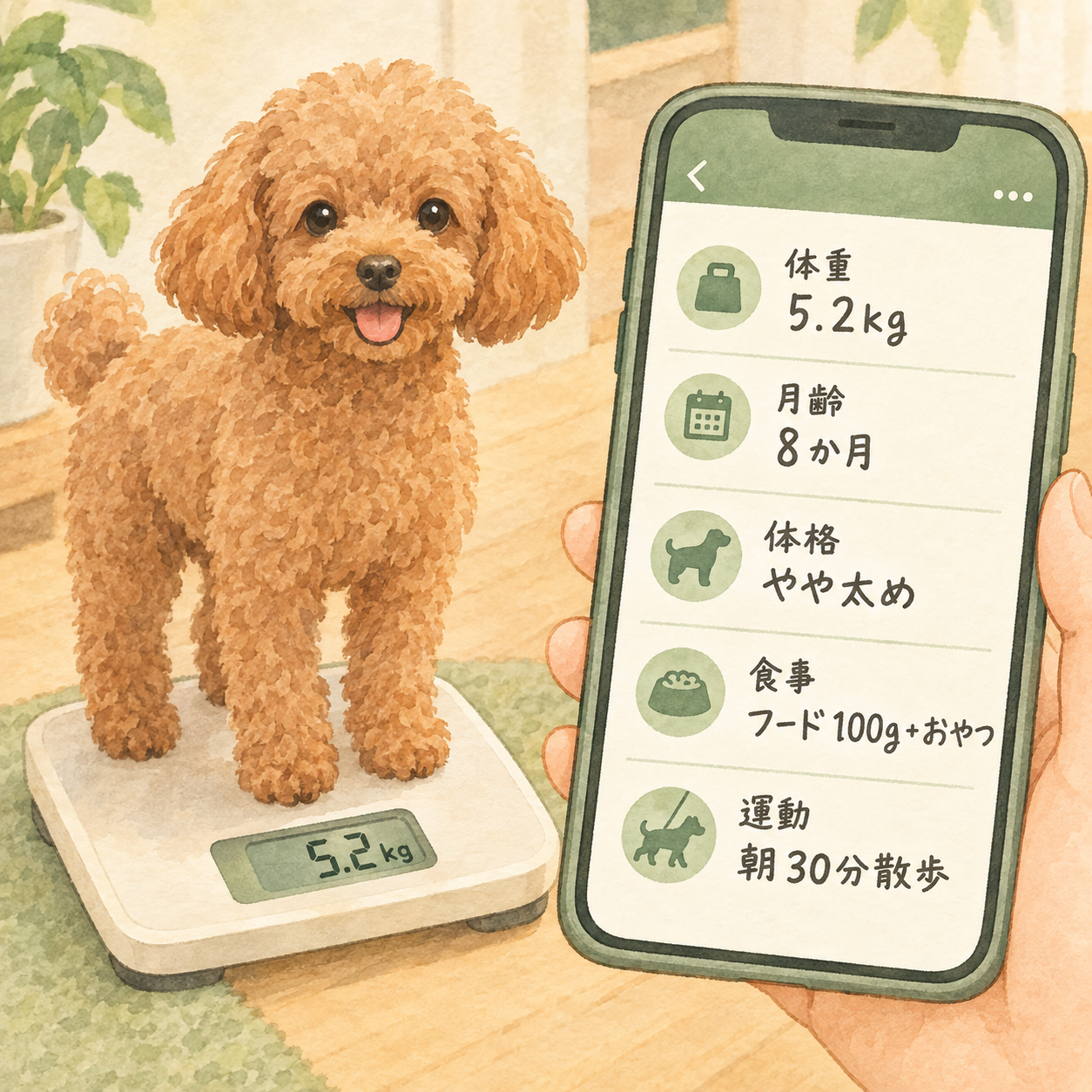 スマートフォンに記録項目（体重・月齢・体格・食事・運動量）をメモアプリで入力しながら、マットの上に乗ったトイプードルが体重計に乗っているシーン