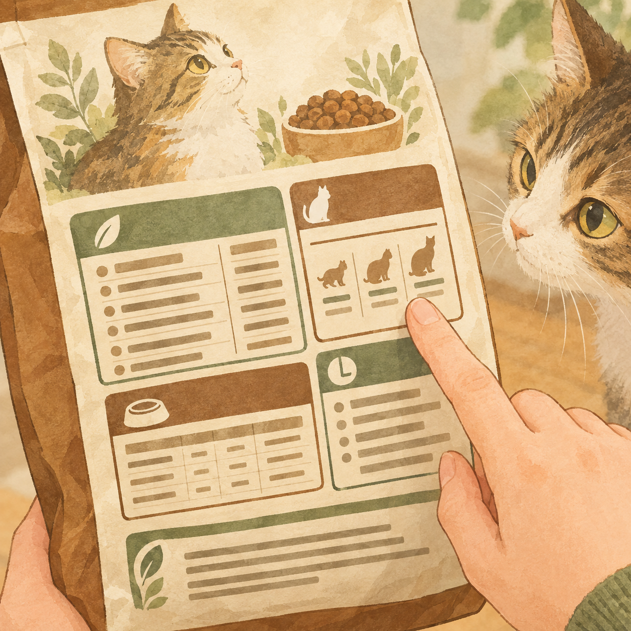 キャットフードのパッケージ裏面の表示欄を確認している様子