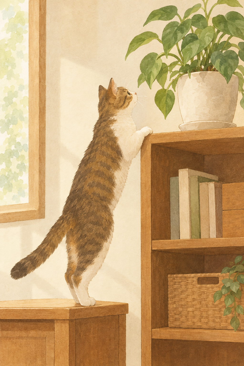 家具を足場にして棚へ上る猫と、棚の上の鉢植え。高い棚でも猫の動線上にある場合は置き場所を見直す。