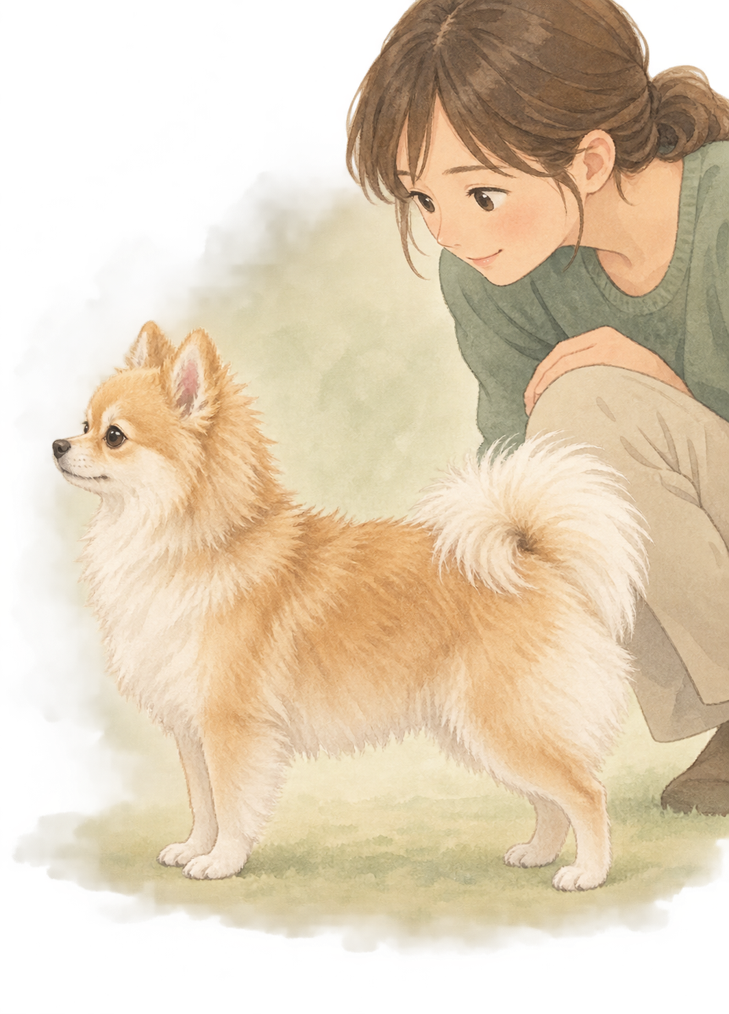 見学時に候補の犬の全身を見て、現在の体格と被毛を確認する様子のイラスト