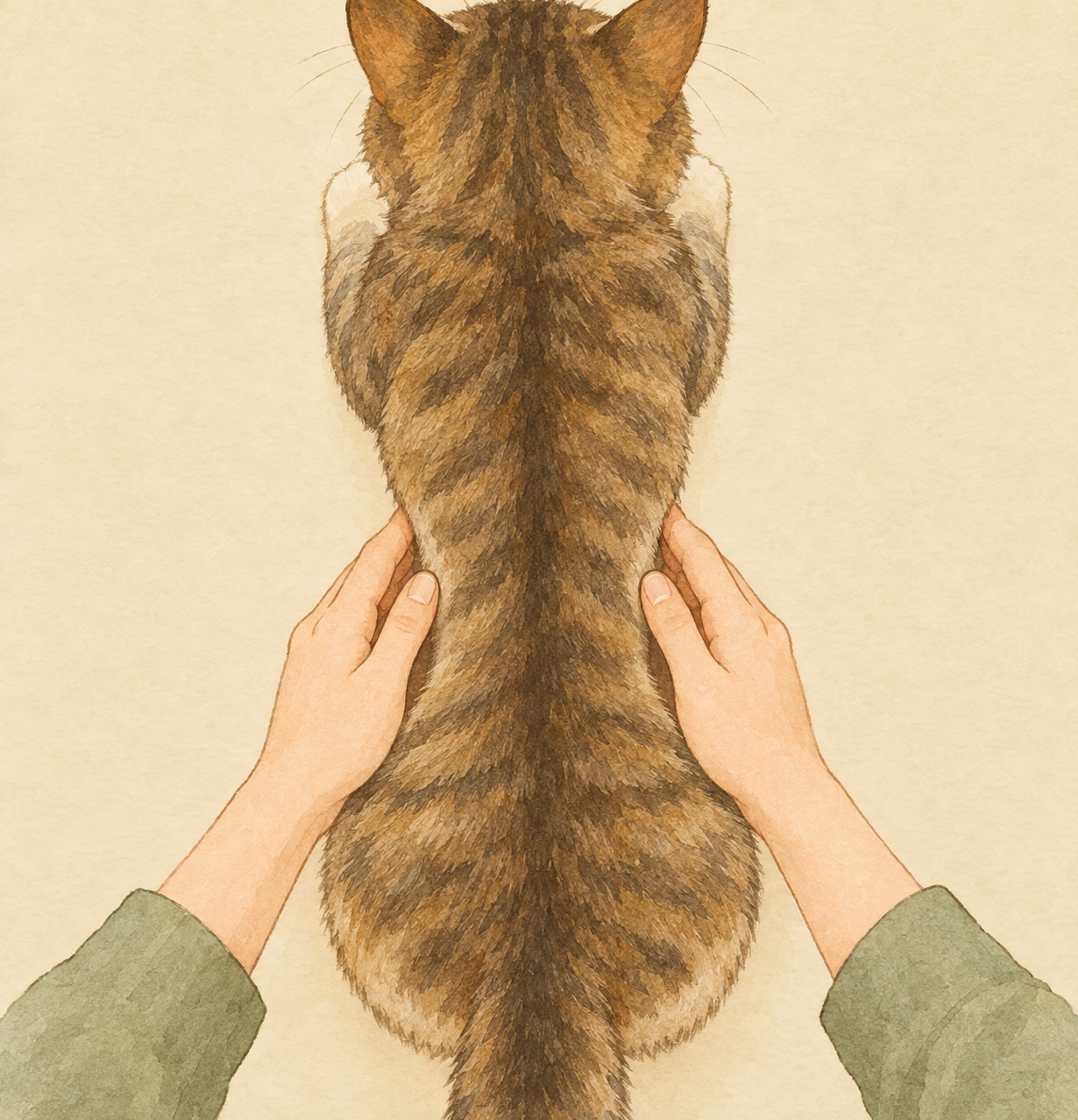 真上から見た猫の体型と、両手で肋骨のあたりを触って確認する様子