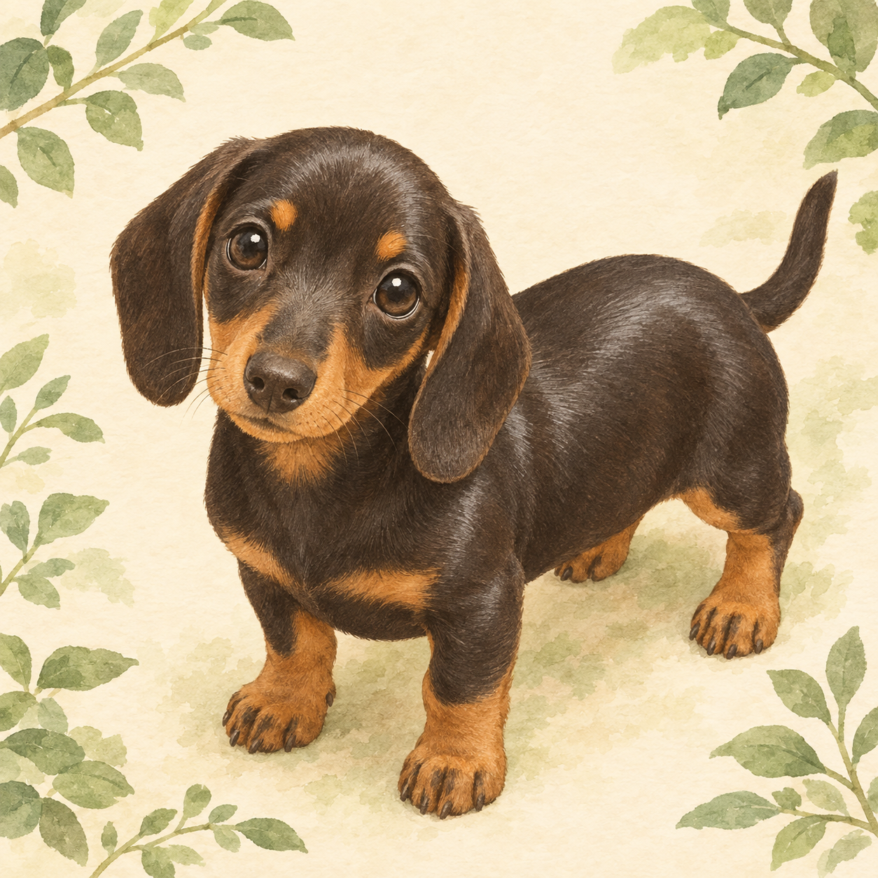 スムース被毛のダックスフンド子犬。短く密な毛が体に密着し、光沢のある毛並みが全身に見える。背景は白。正面向き。
