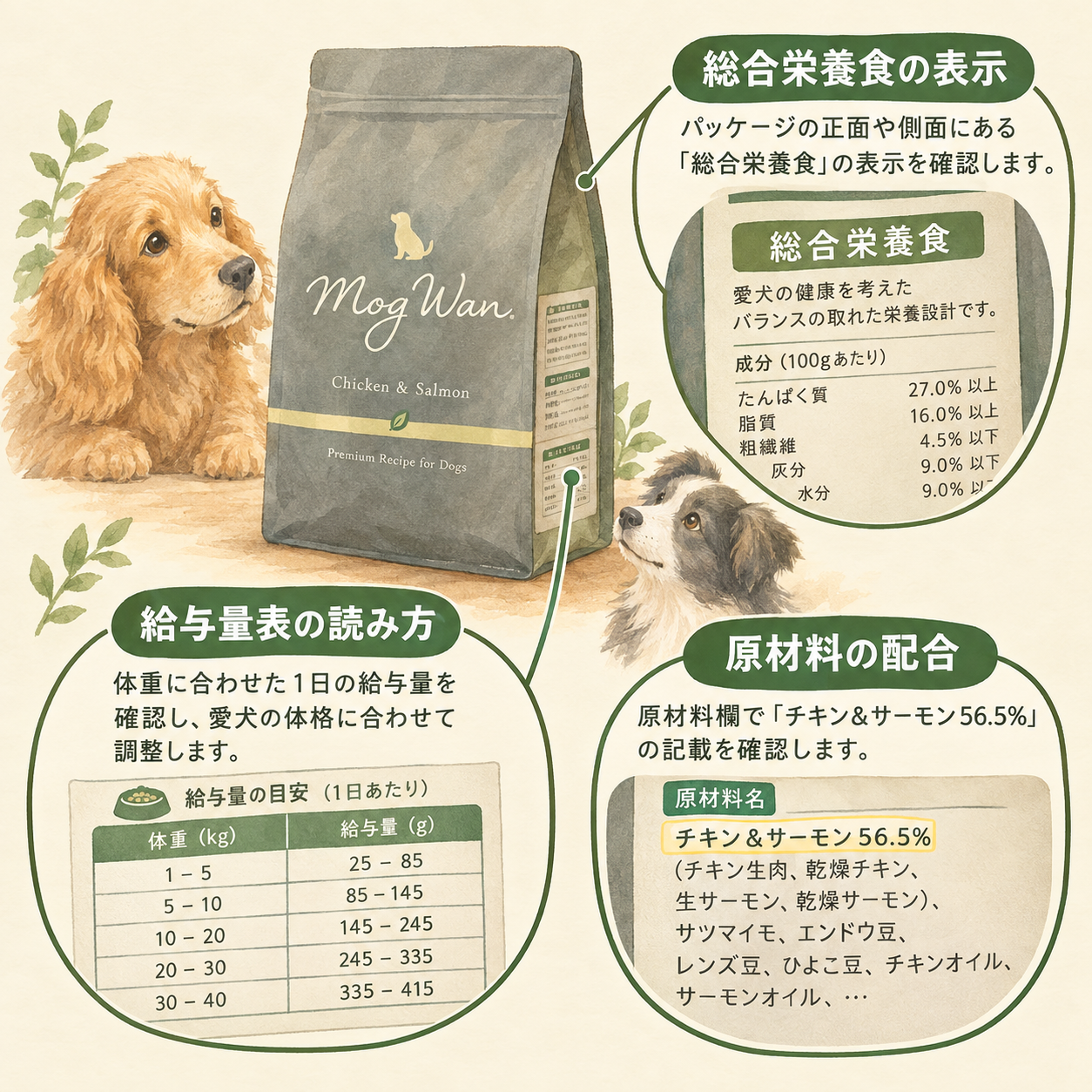 モグワンドッグフード チキン&サーモンのパッケージ、栄養表示・給与量表・原材料表示が見えるパッケージ写真