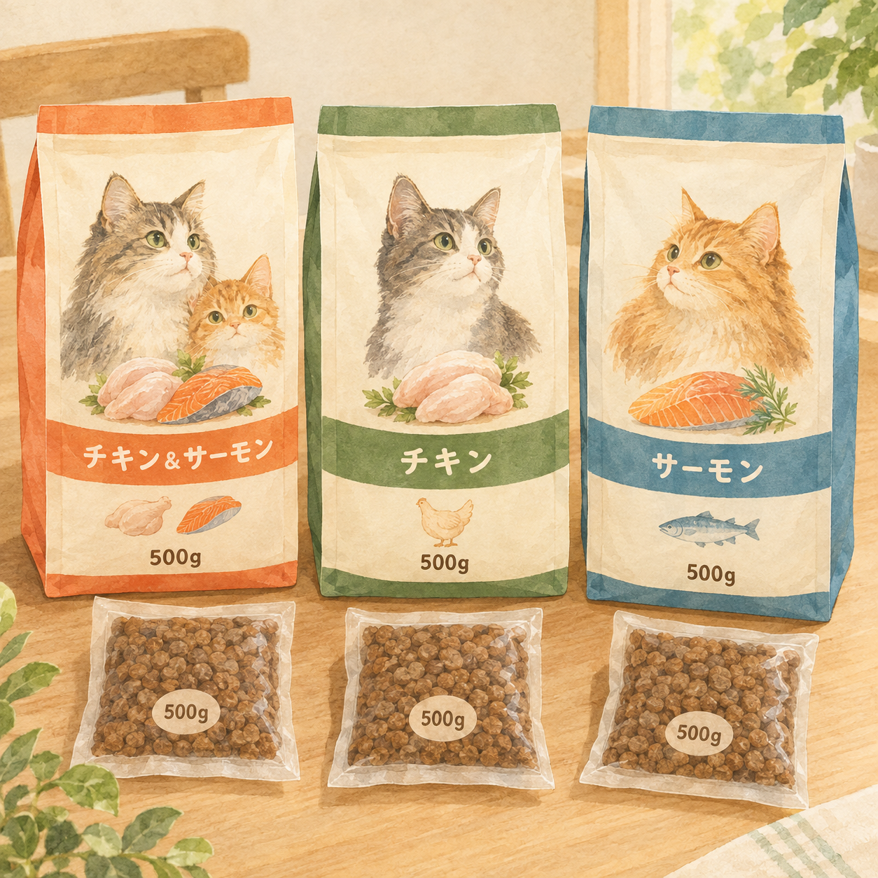 グランツの3つの味(チキン&サーモン、チキン、サーモン)のパッケージを並べた写真。各フレーバー名と色が見える。