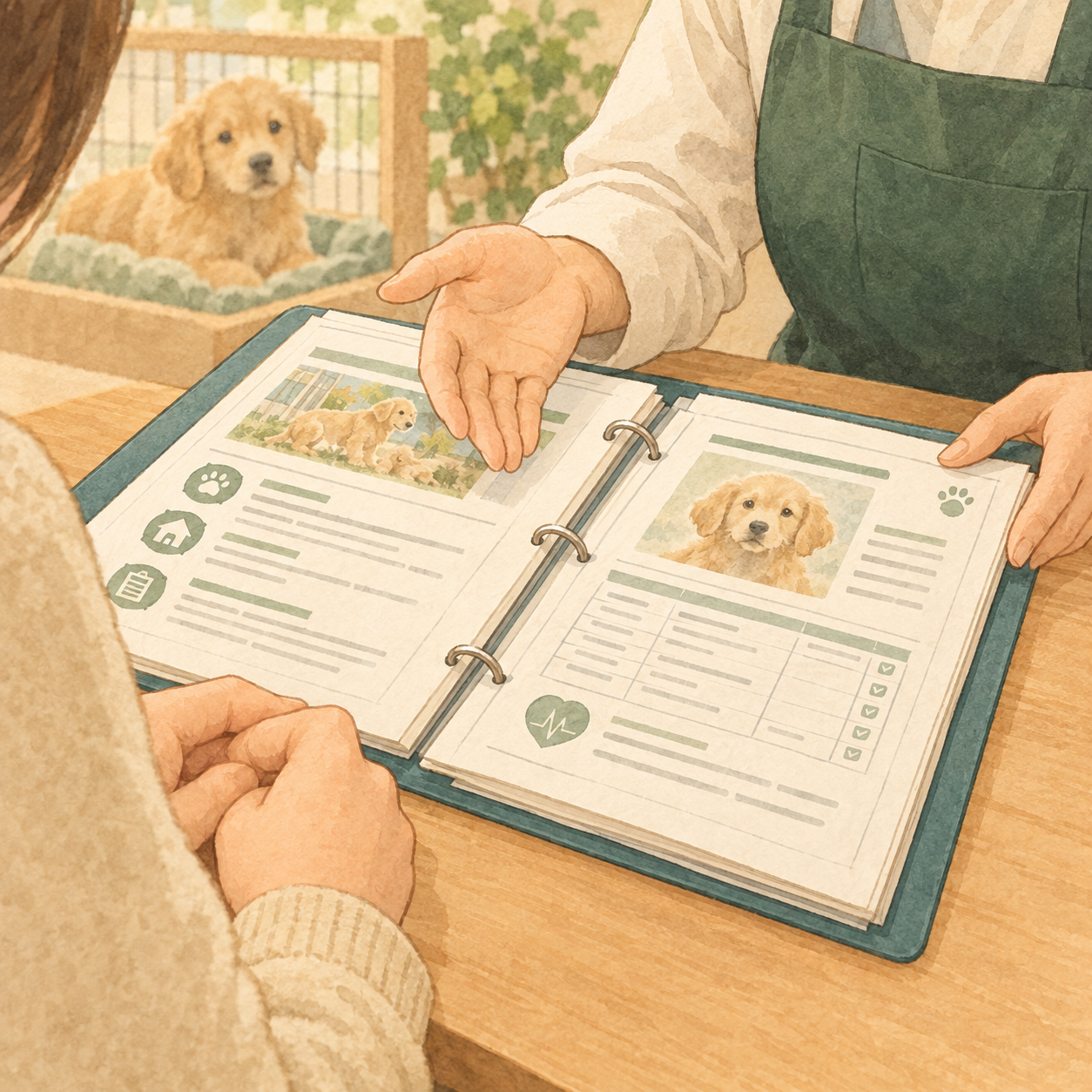 販売店で書類を見ながら飼育歴や契約条件を確認する様子