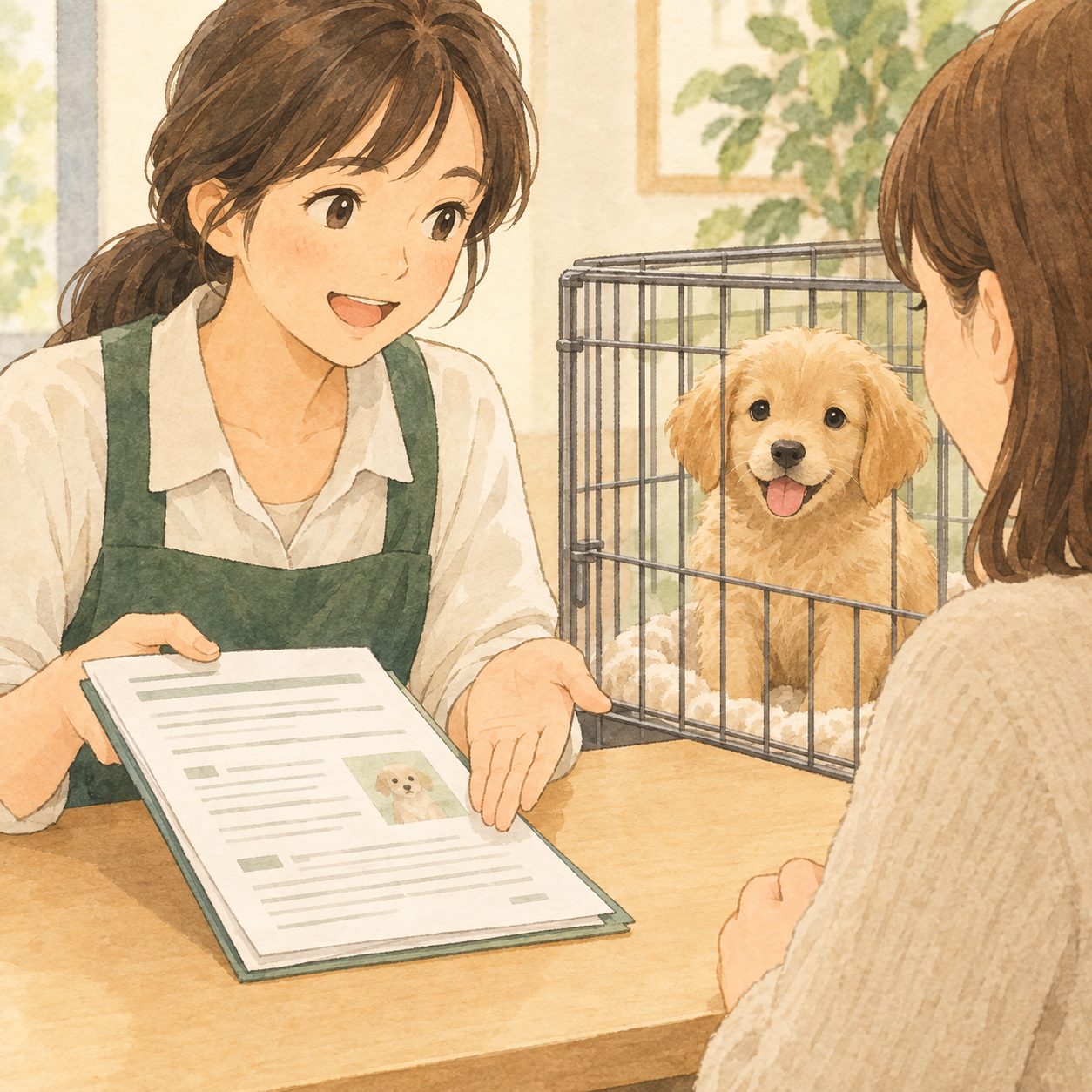 事業所で書類を用いて子犬の特徴や飼い方の対面説明を受けている様子