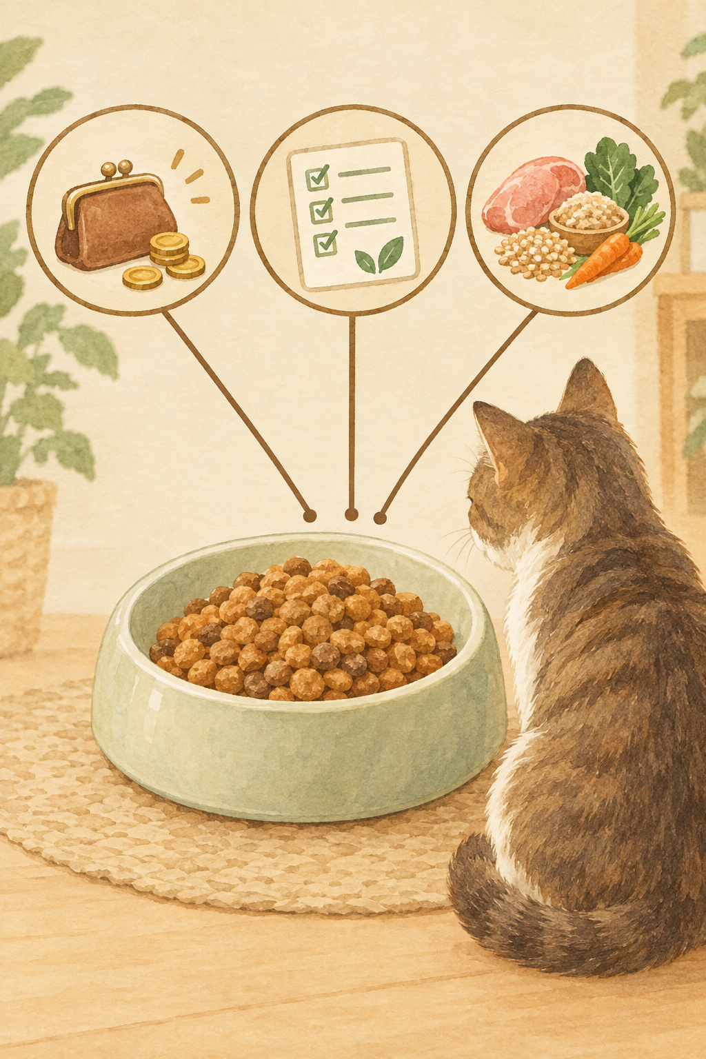 皿のキャットフードと猫から、費用・栄養表示・原材料の3つのアイコンに線がつながるイラスト