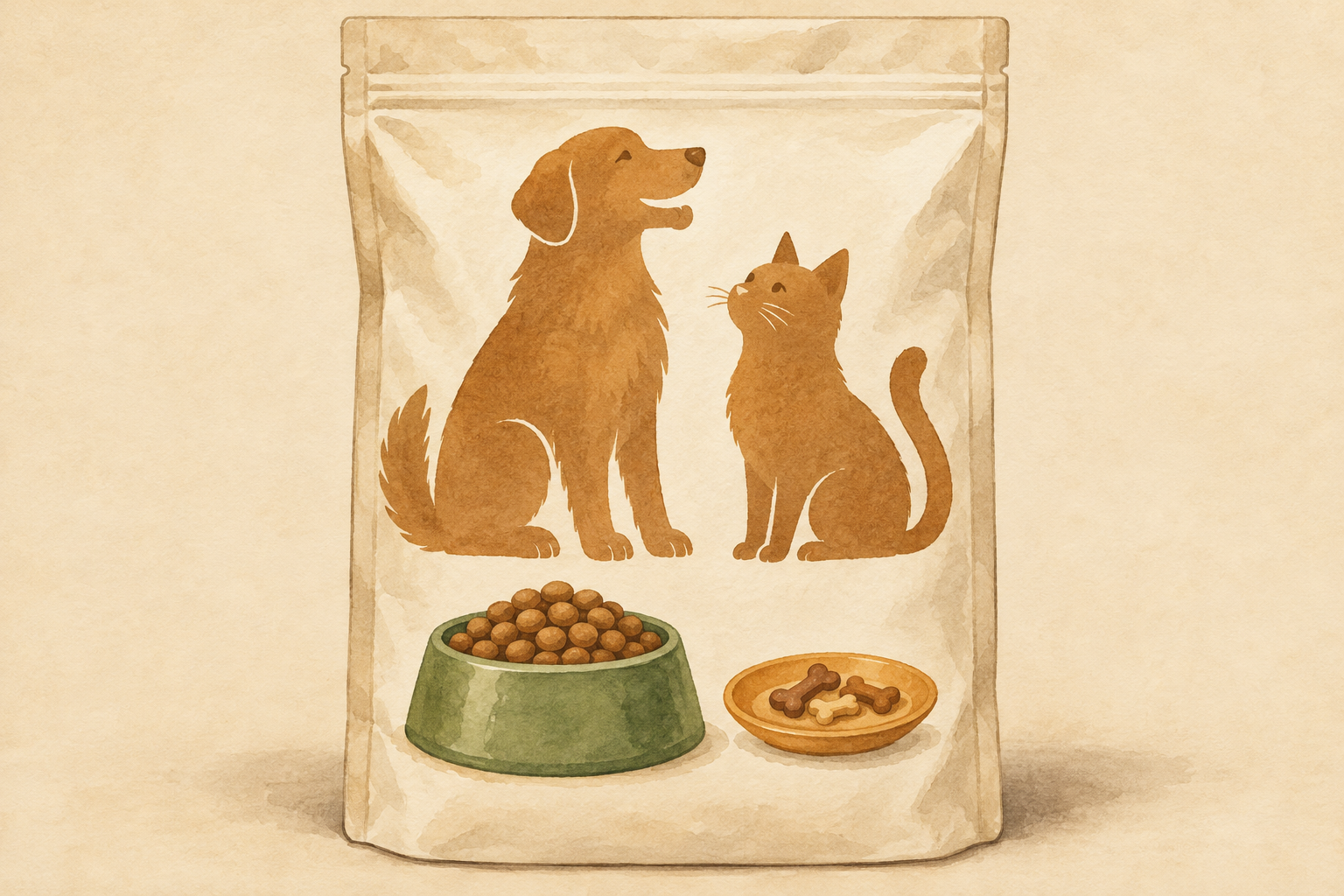 犬と猫のシルエット、主食用と間食用を示す器のアイコンが付いた、文字のないペットフード袋のイラスト。