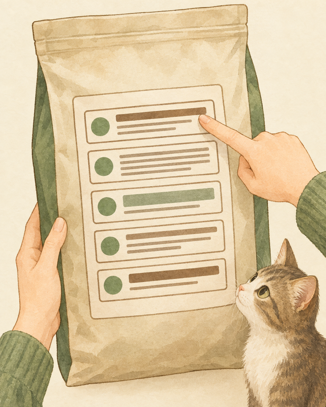 届いたキャットフードの袋の裏面にある表示欄を飼い主が指さしている図解イラスト。名称、原材料名、賞味期限、製造業者等の名称及び住所、原産国名の5項目を確認する場面