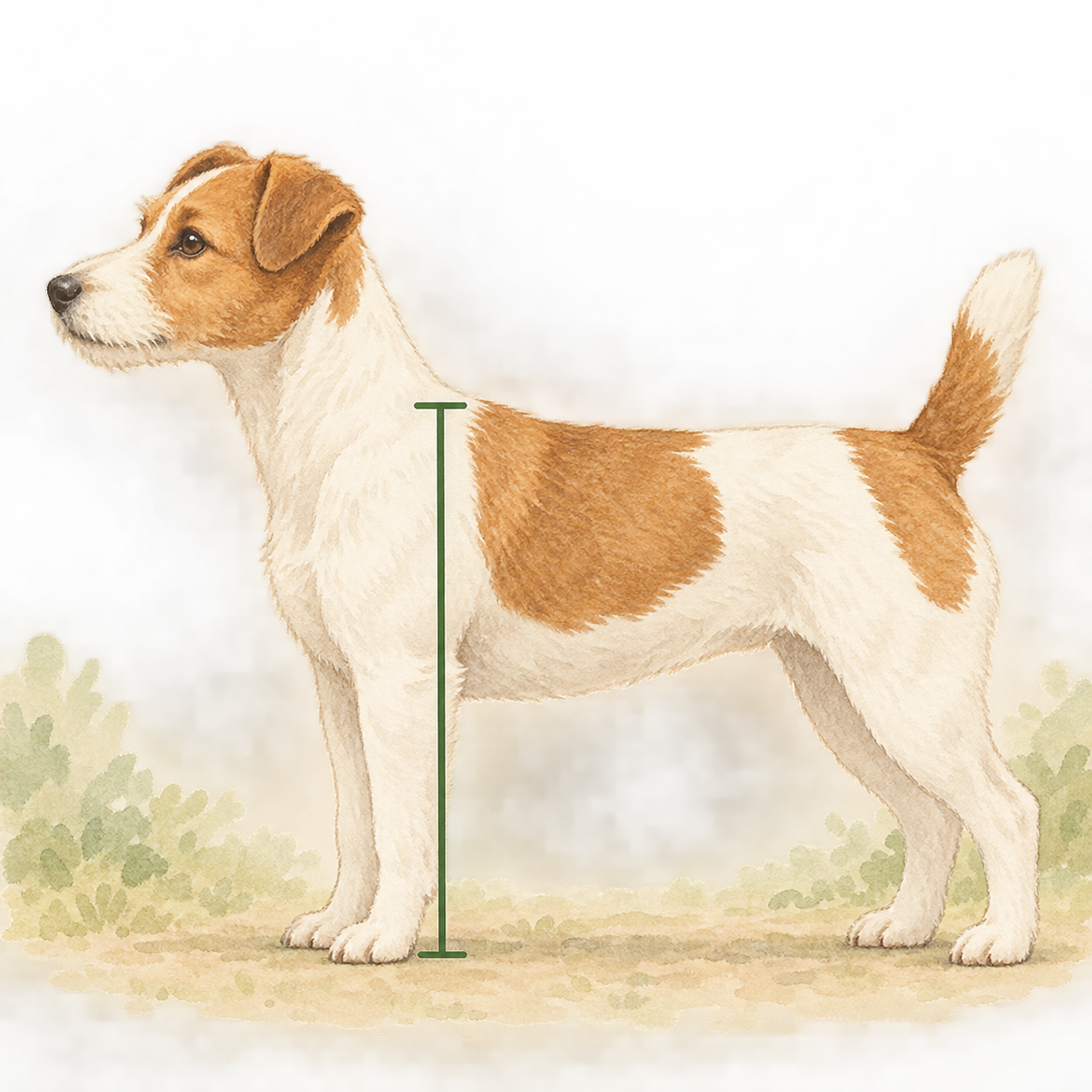 犬の体高を、地面から肩の最も高い位置まで測ることを示す図