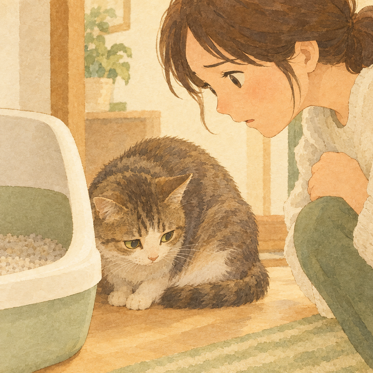 トイレのそばでうずくまる猫を心配そうに見守る飼い主