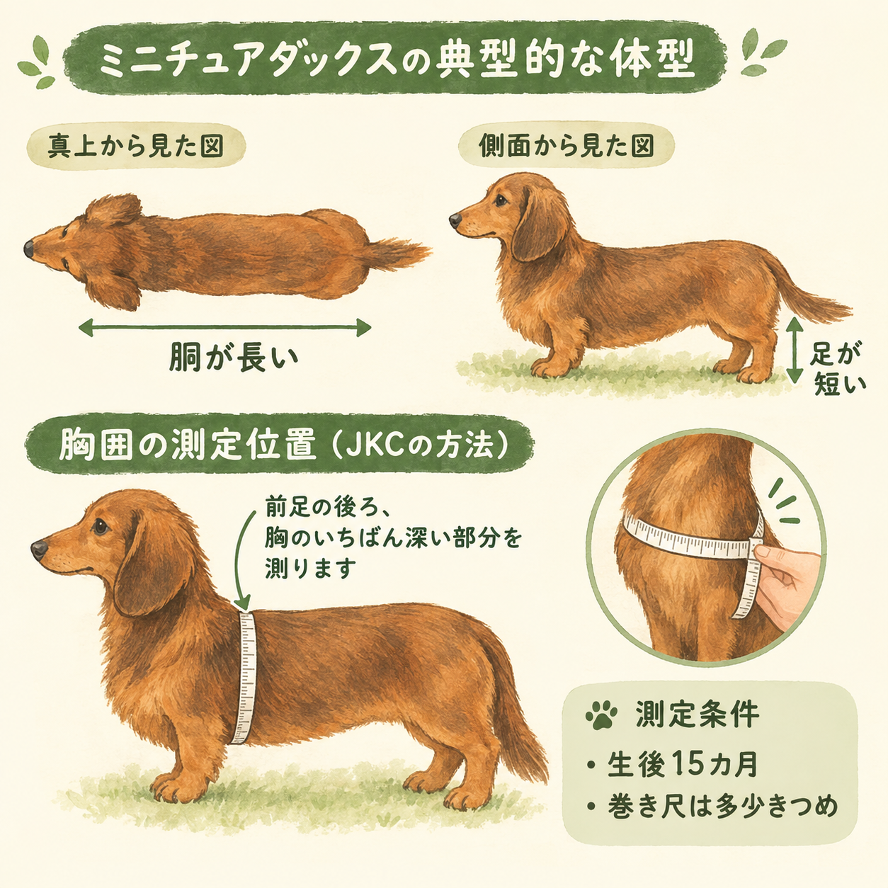ミニチュアダックスの体型を真上・側面から示すイラストと、胸囲を巻き尺で測定する位置の図示
