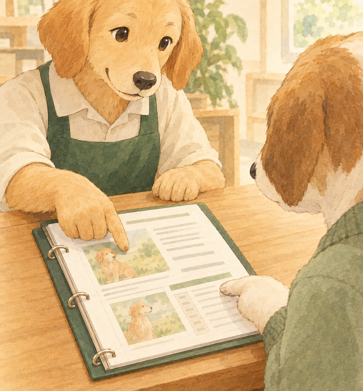 店員と購入検討者が書類を用いて確認している様子