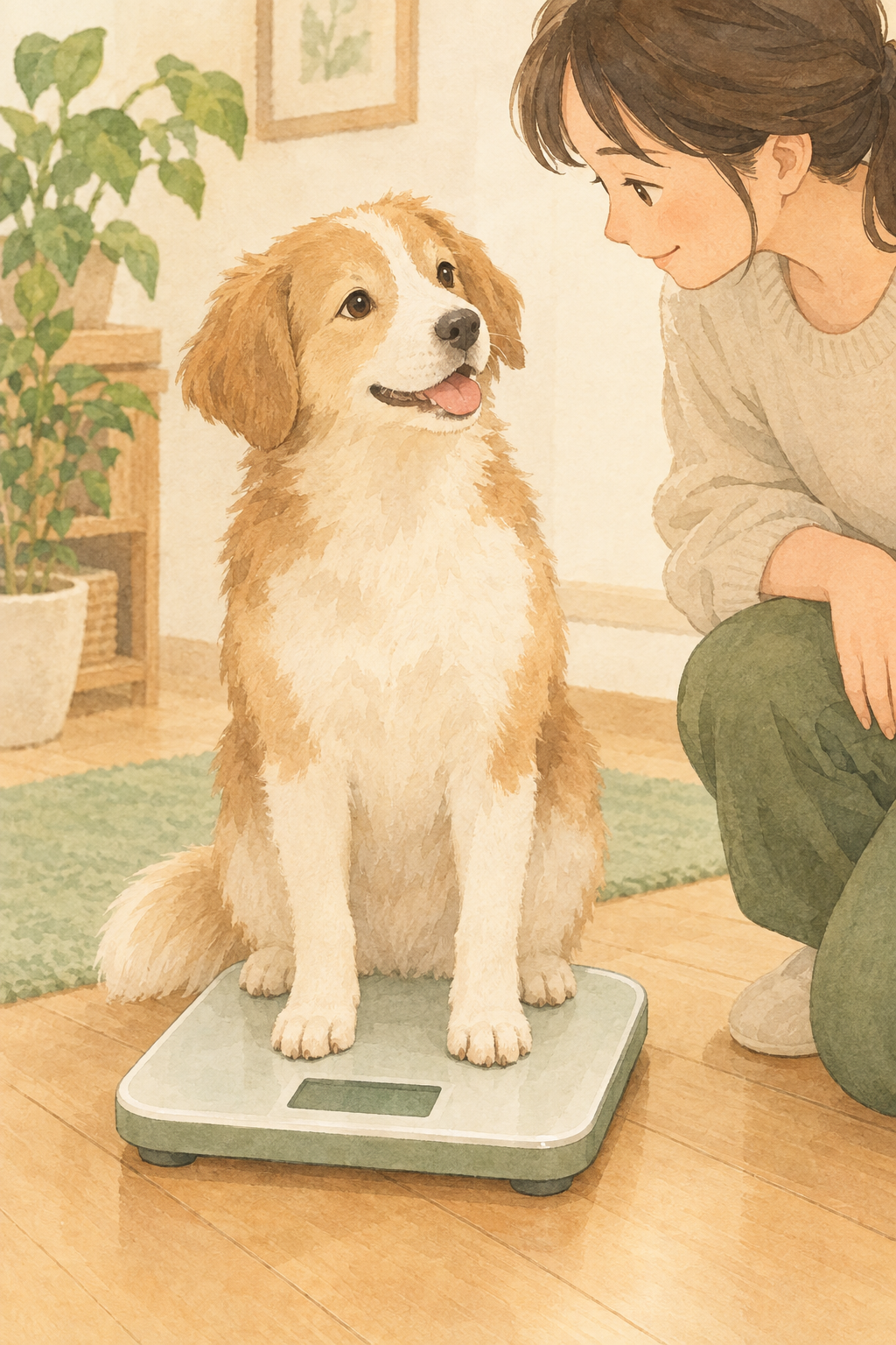 犬を床置きの体重計で測る様子。成長期は同じ条件で定期的に体重を記録し、推移を確認する。