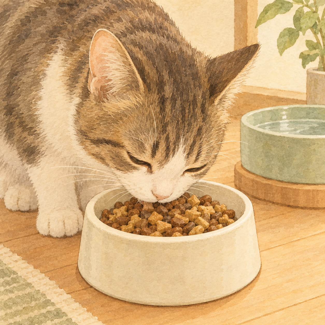 猫がボウルから既存フードとグランツを混ぜた食事を食べている様子。ボウルに2種類のフードが見え、背景に水飲み場がある。