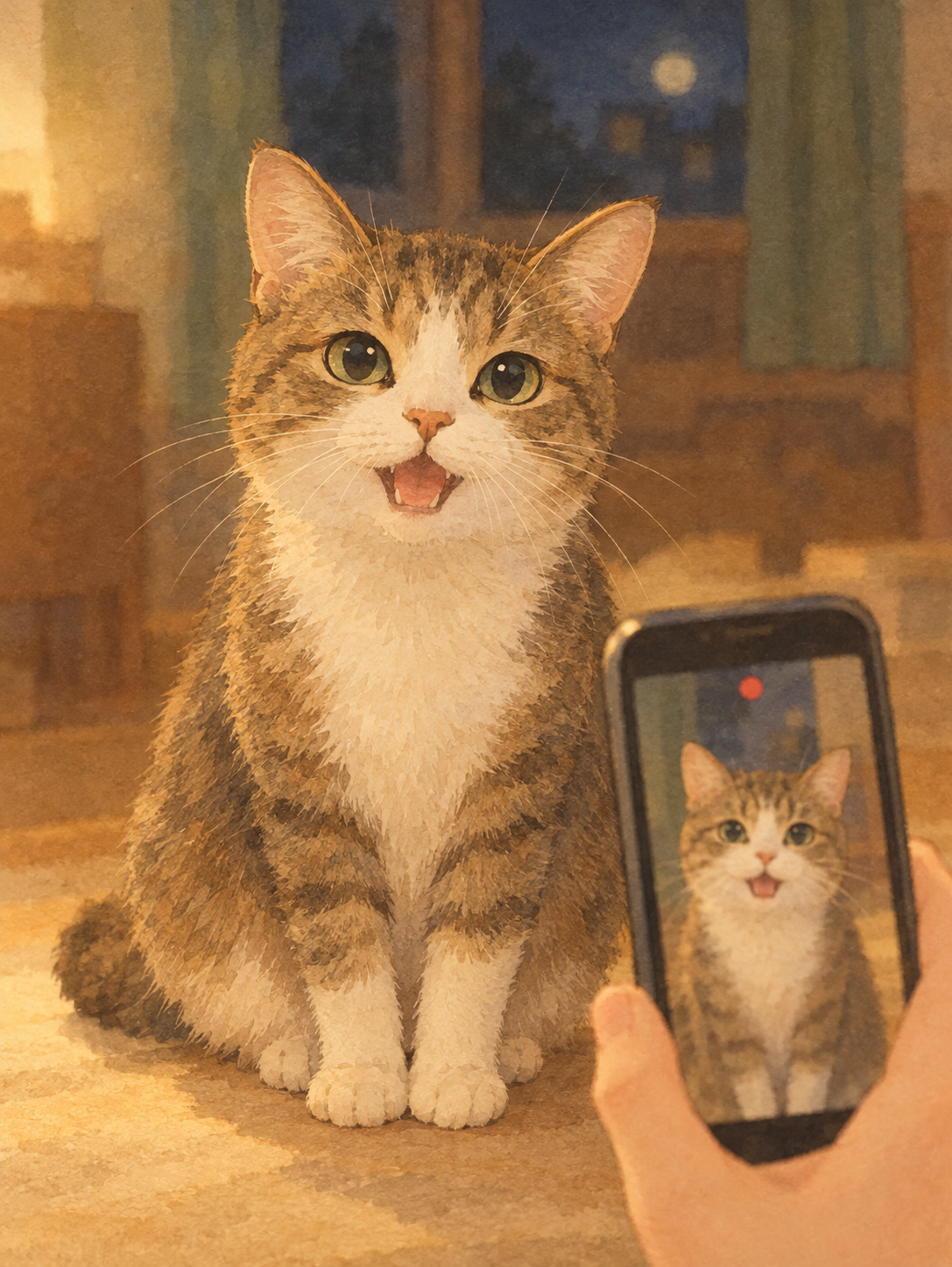 夜の薄暗い室内で、猫が床に座りこちらを見ており、そばのスマートフォンが猫へ向けられて動画を撮影している様子