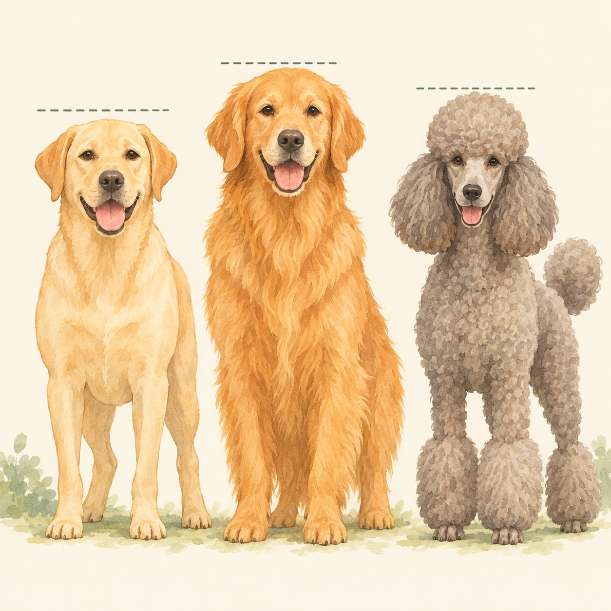3犬種の体格比較。左からラブラドール(56〜57cm体高、オス)、ゴールデン・レトリーバー(56〜61cm体高、オス)、スタンダード・プードル(45cm超60cm以下)のシルエットを並べ、体高の違いを示す。