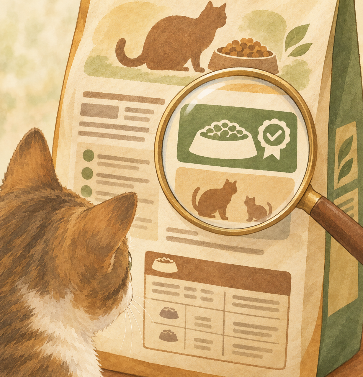 キャットフードのパッケージ裏面にある用途や対象年齢の表示を確認する様子