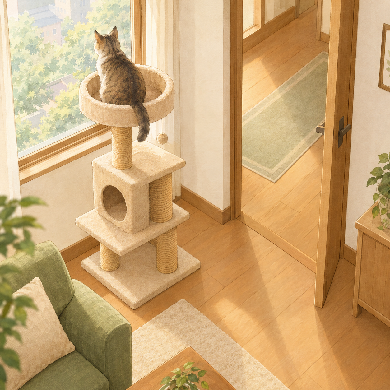 窓の近くでリビングの一角に置かれ、扉の開閉範囲と通路をふさがないキャットタワーの配置例。