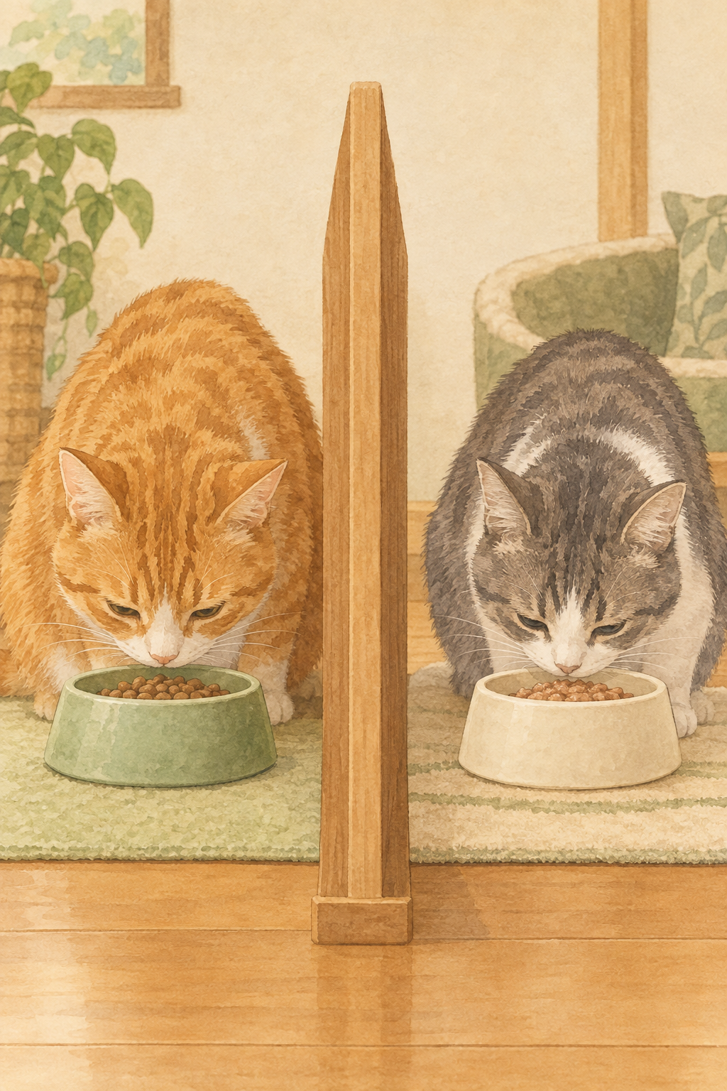 仕切りを挟んだ別々の場所で、2匹の猫がそれぞれの器から食事をする配置図。