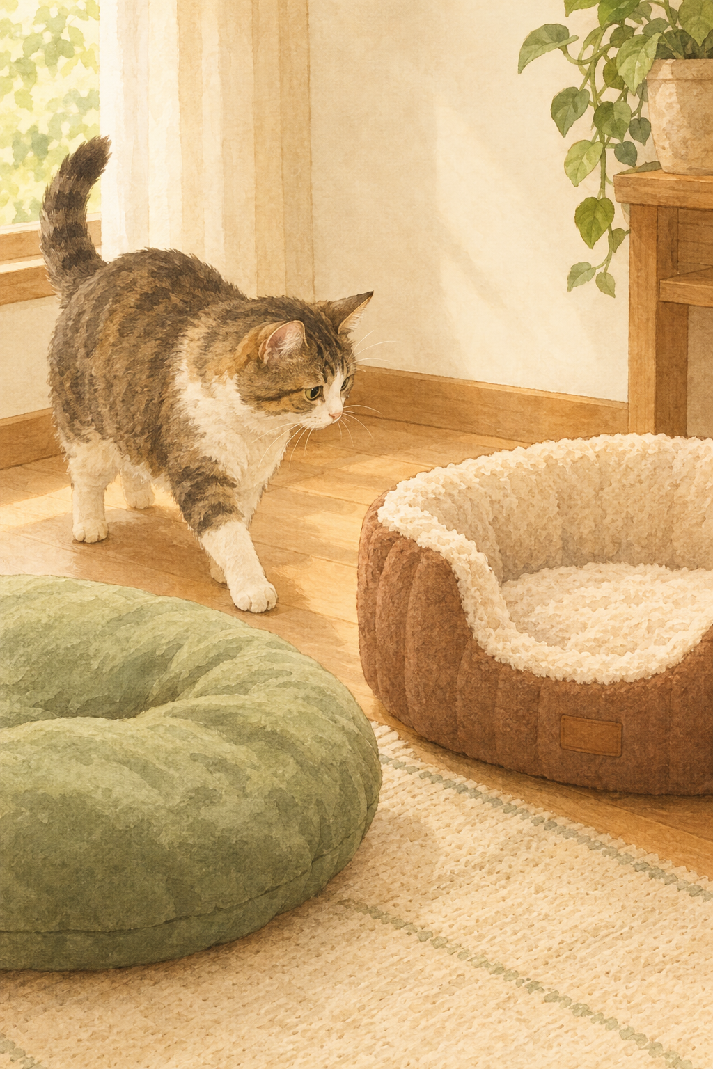 猫が普段休んでいるクッションの近くに猫ベッドを置き、猫が自分から近づいている様子