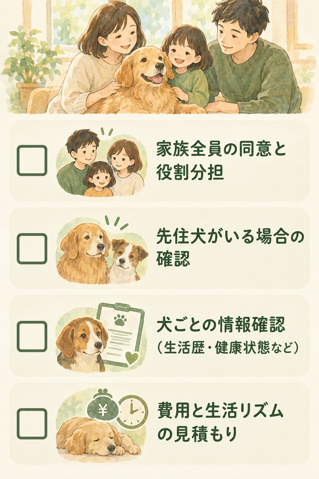 申し込み前の4つの確認項目チェックリスト。家族全員の同意、先住犬の相性確認、個体情報の確認、費用と生活リズムの見積もり