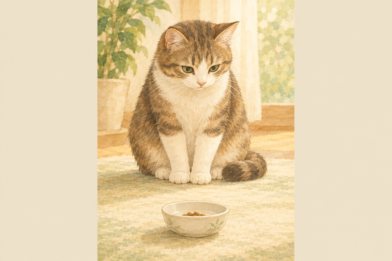 嘔吐がおさまり落ち着いた猫の前に、少量のフードが入った器が置かれている。食事は少量から再開するイメージ。