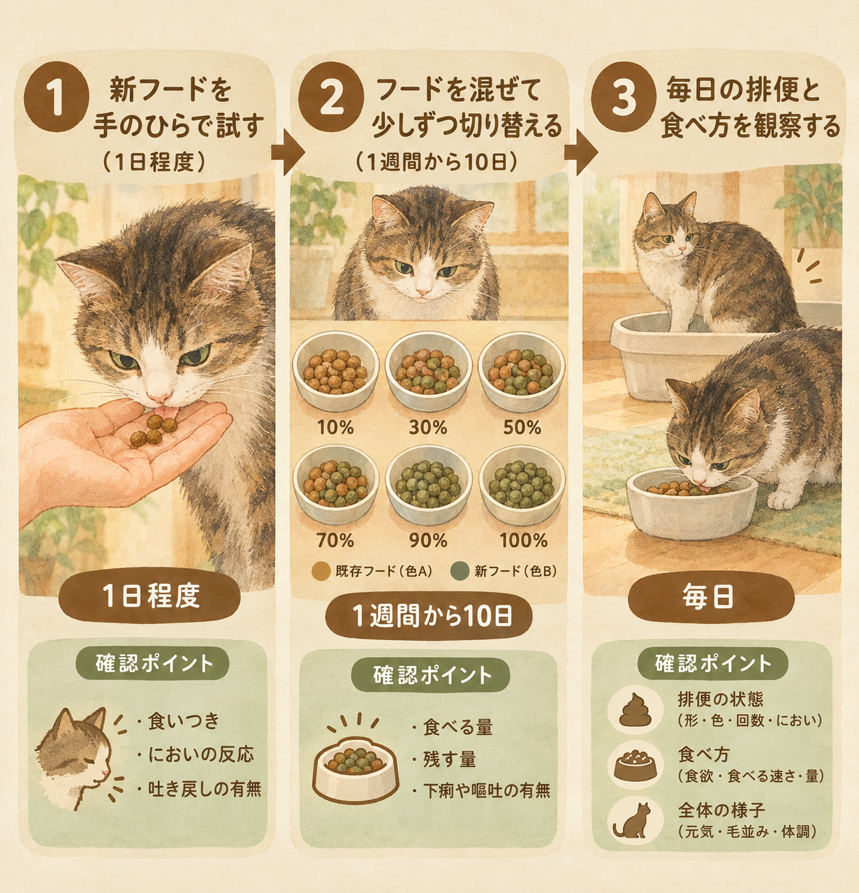 ドライフード切り替え3段階:第1段階は新フード数粒で香りと反応確認。第2段階は1週間から10日かけて混合比を初日10%から100%へ段階的に増やす。第3段階は毎日排便状態と食べ方をチェック。