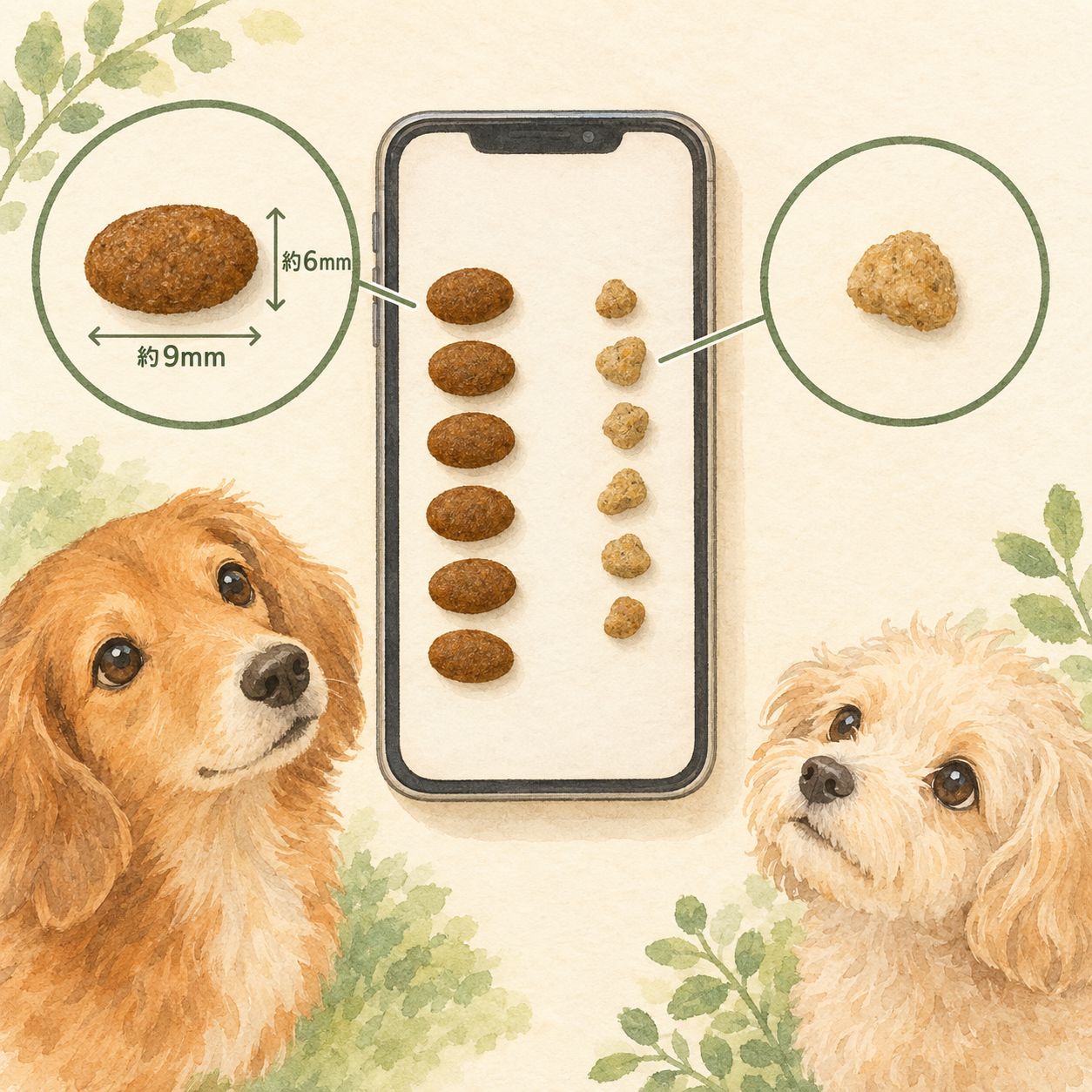 スマートフォンを背景に、2品のドッグフード粒を並べた比較写真。左:ミシュワンの楕円型粒。右:このこのごはんの不揃いな粒。サイズと形の違いが明確。